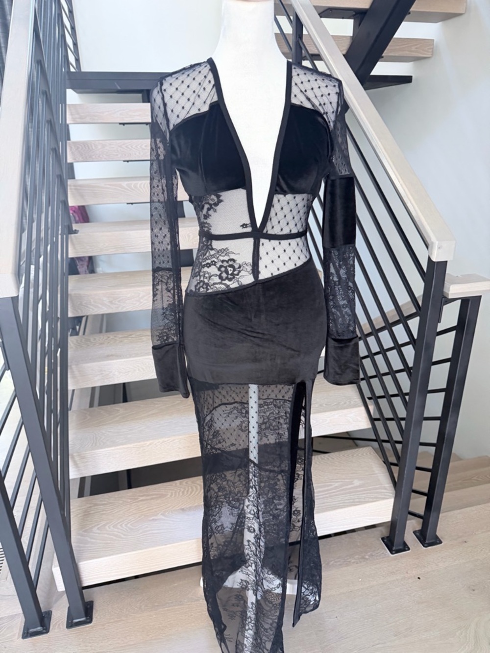 Sheer Panel Black Evening Maxi Dress with Deep V and Open back size XS - Picture 5 of 15